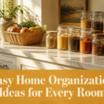 A clean kitchen counter with a fruit bowl, cookbooks, and a potted herb.