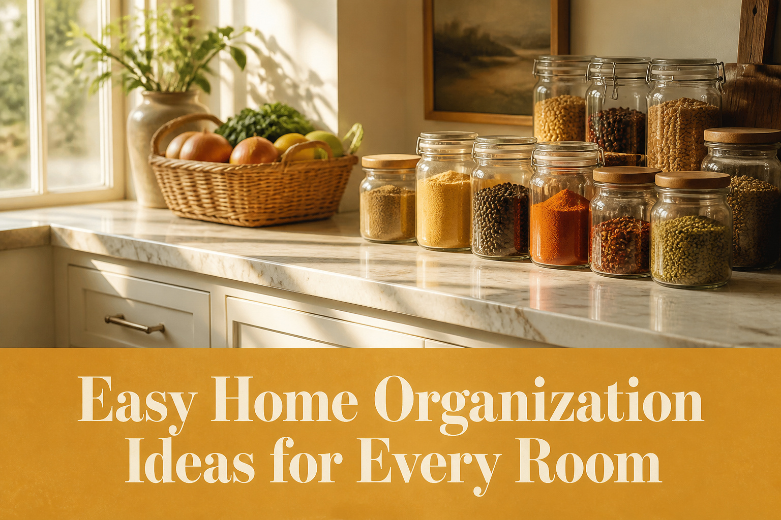 A clean kitchen counter with a fruit bowl, cookbooks, and a potted herb.