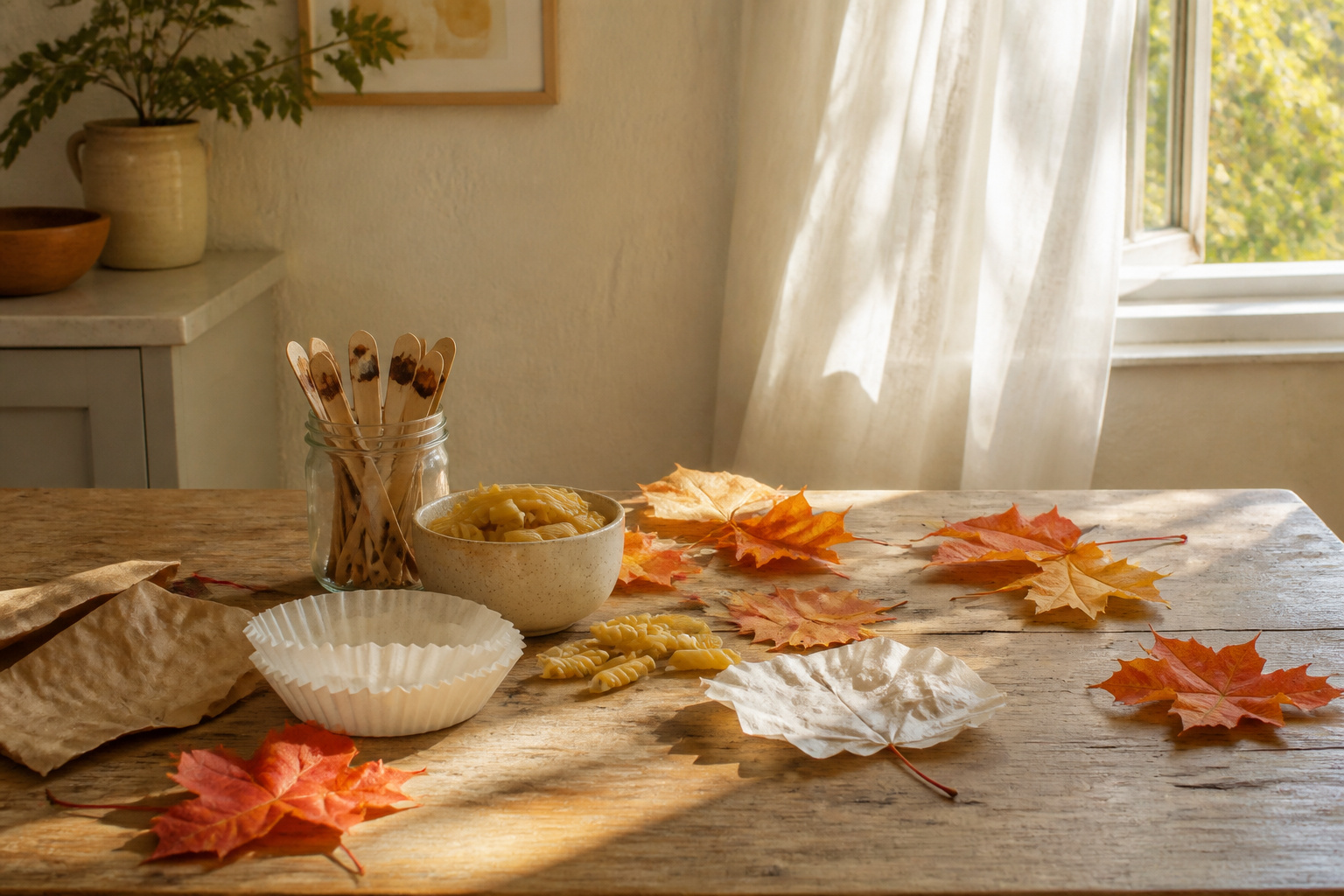 A variety of fall crafts for kids displayed on a table.