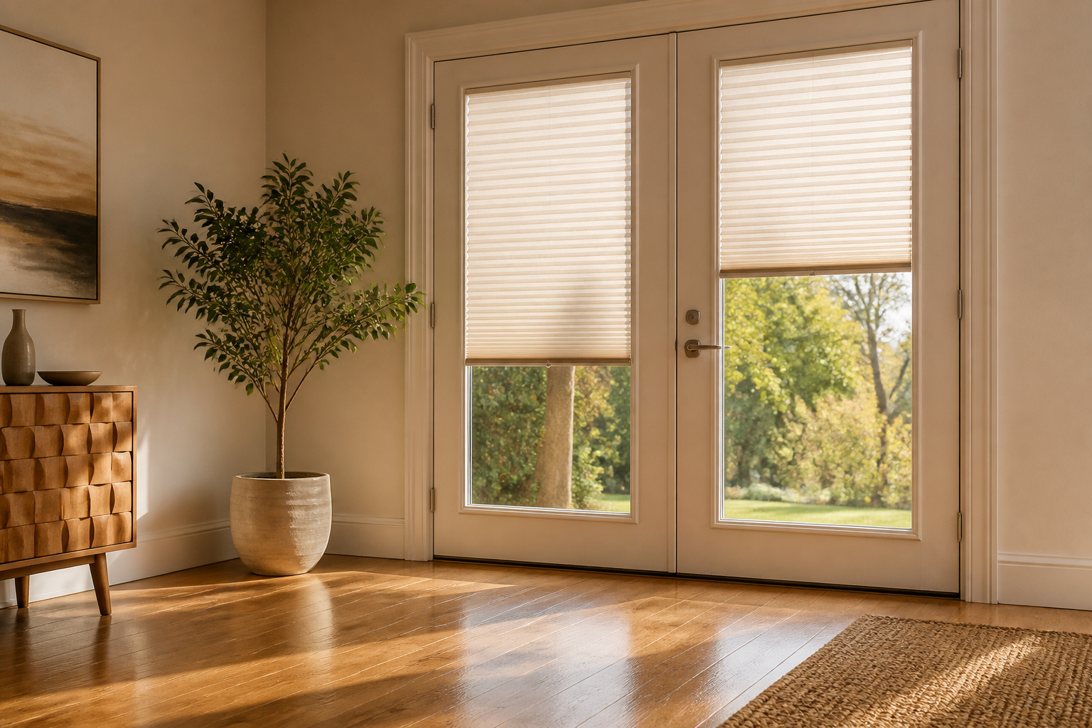 French doors with shades in a cozy, well-lit room.
