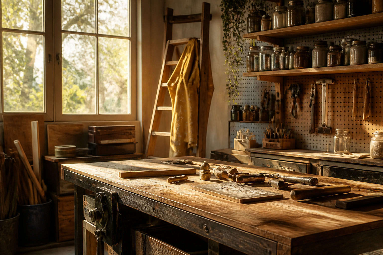 A garage workshop with tools, workbench, and storage solutions.