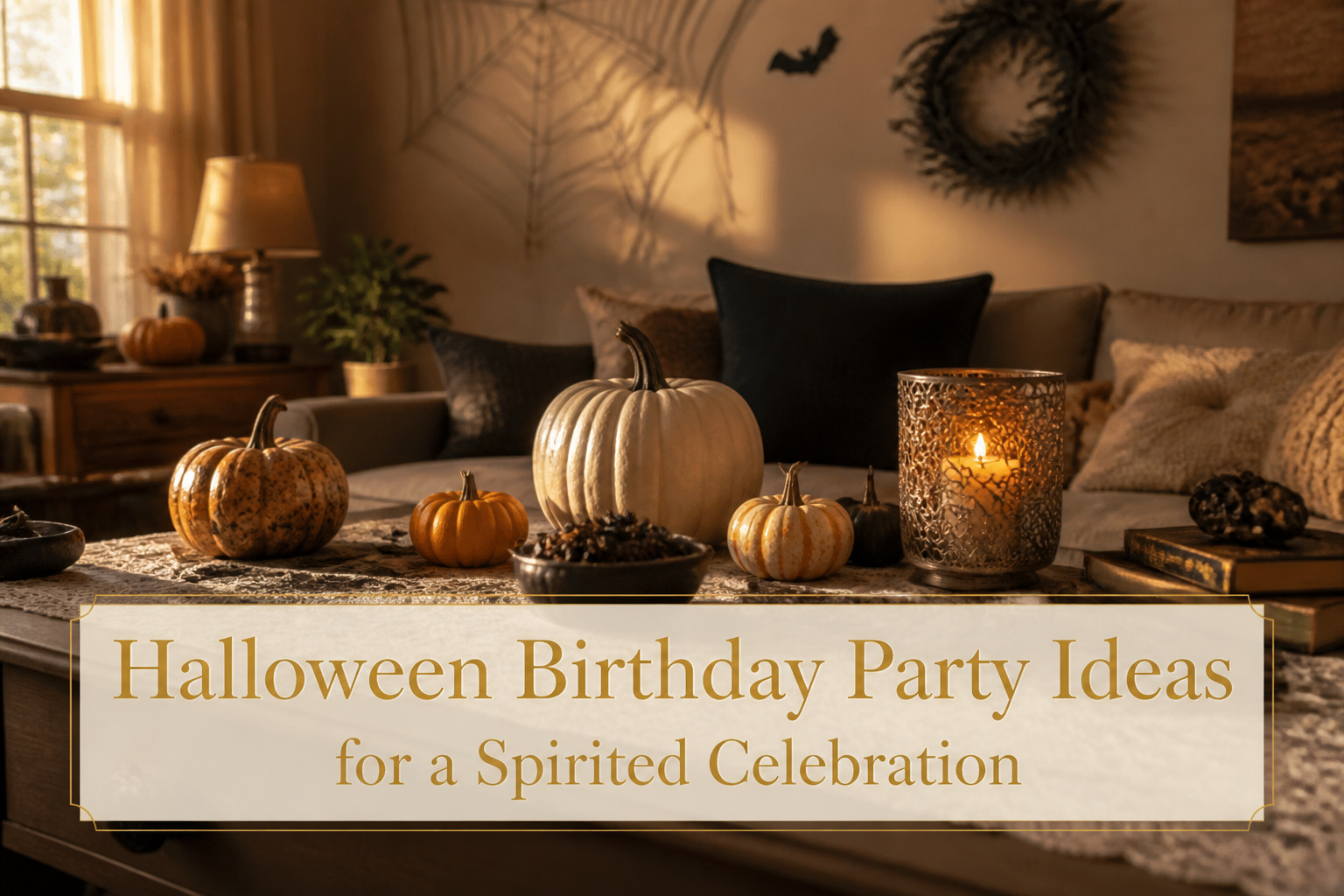 A vibrant Halloween birthday party setup with decorations and a birthday cake.