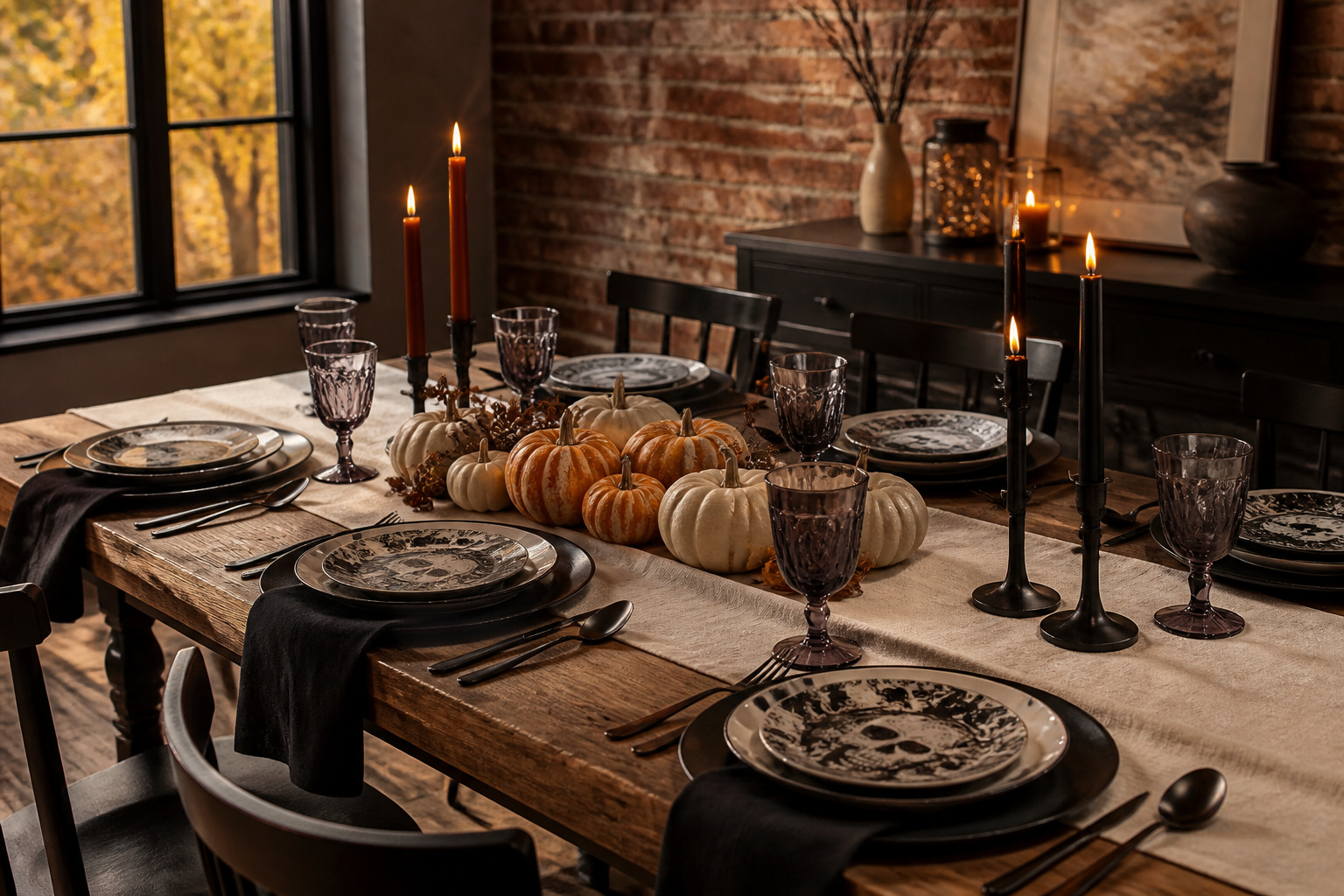 A Halloween dinner table with decorations, plates, and candles.