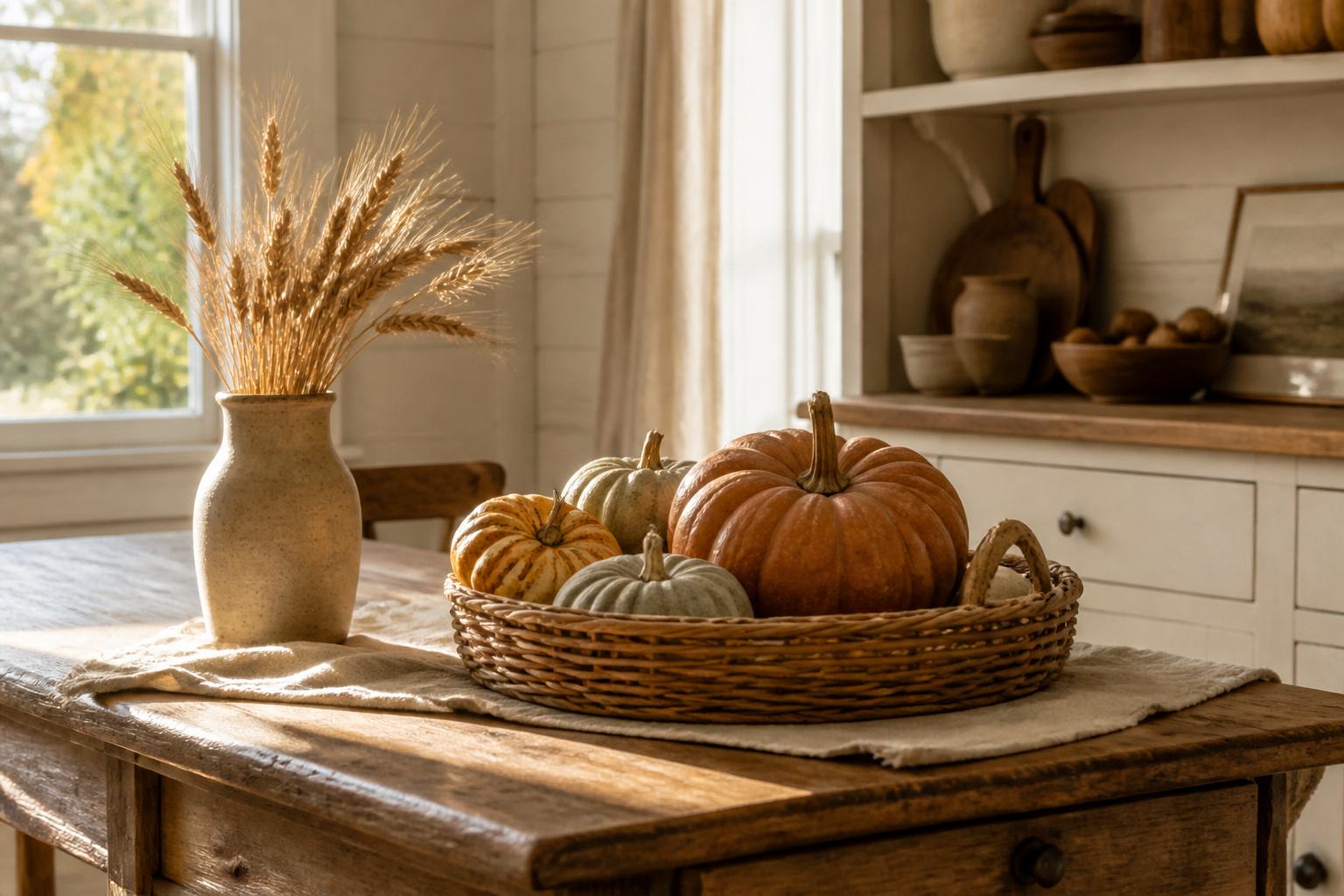 A rustic table displaying various harvest decor elements.