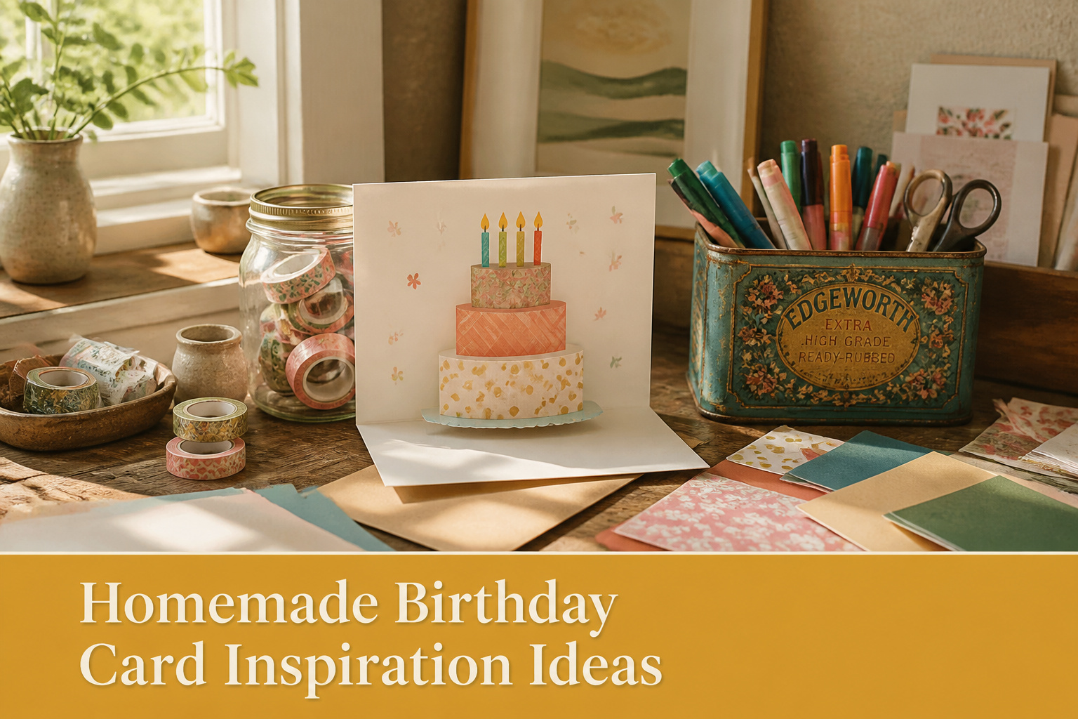 Various colorful homemade birthday cards arranged on a table.