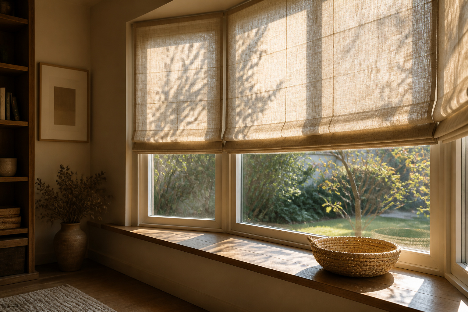 Natural linen Roman shades in a cozy living space with warm lighting.
