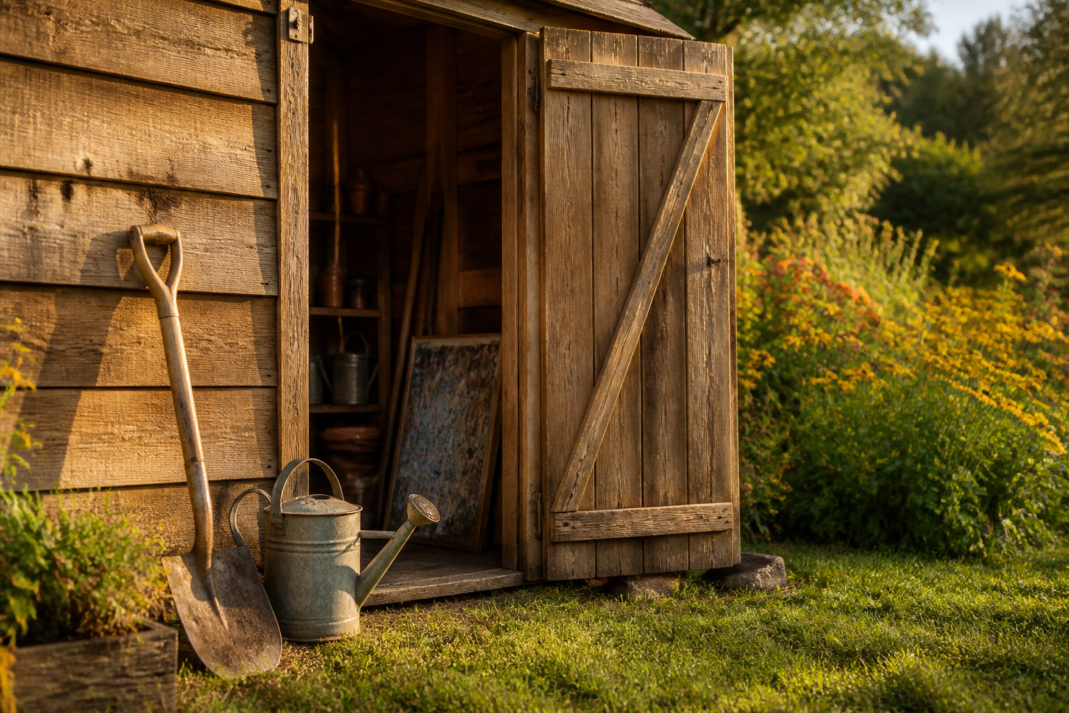 A collage of different outdoor storage shed designs and styles.
