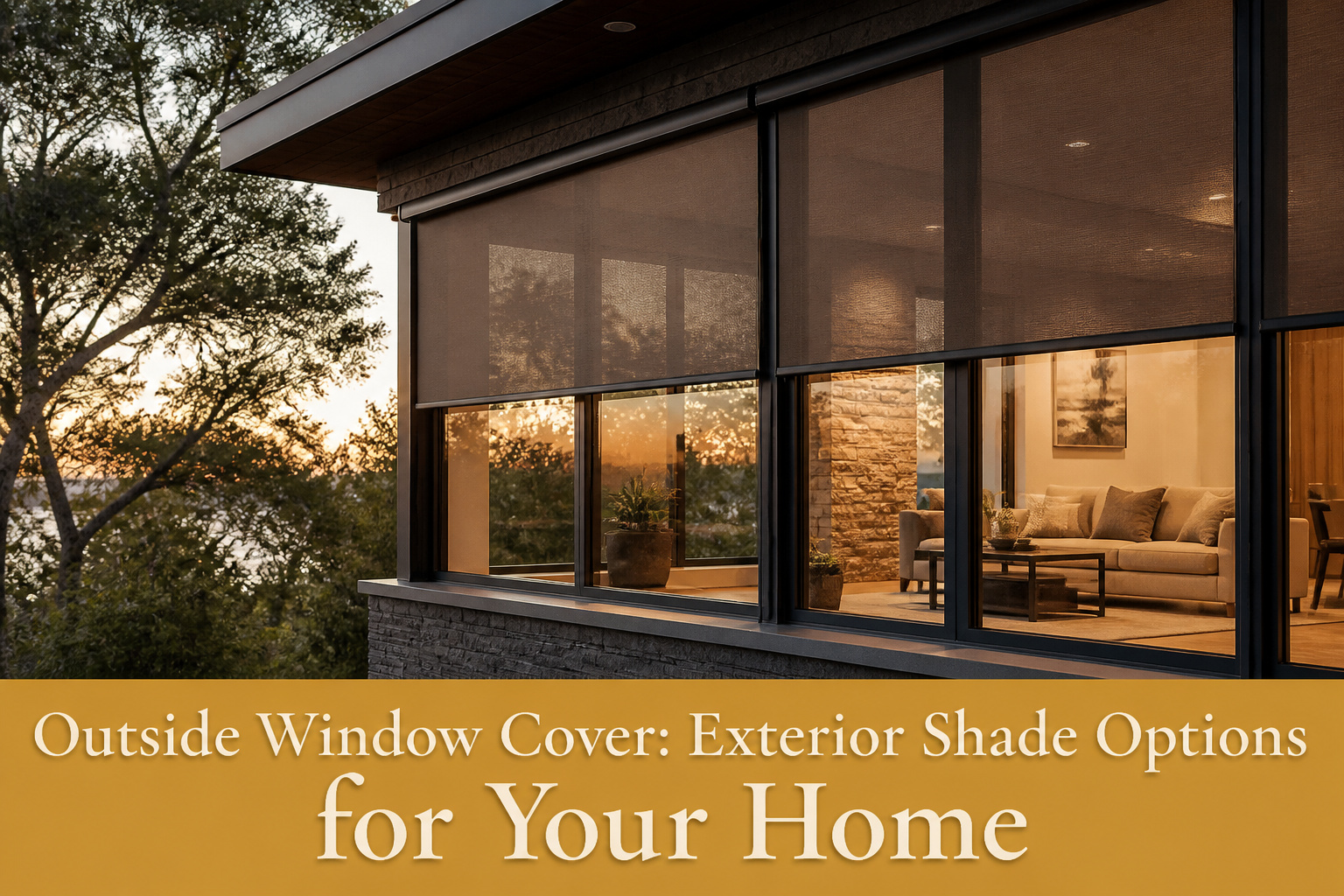 Various styles of exterior window covers showcased on a home.