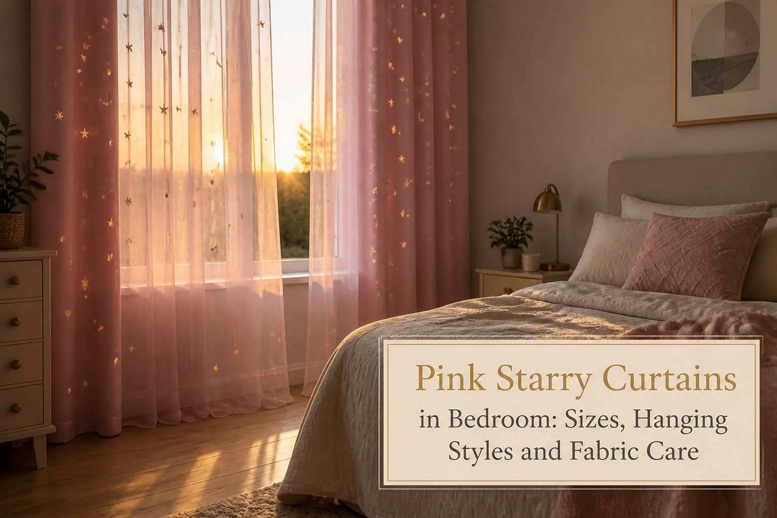 Cozy bedroom with pink starry curtains framing a window.