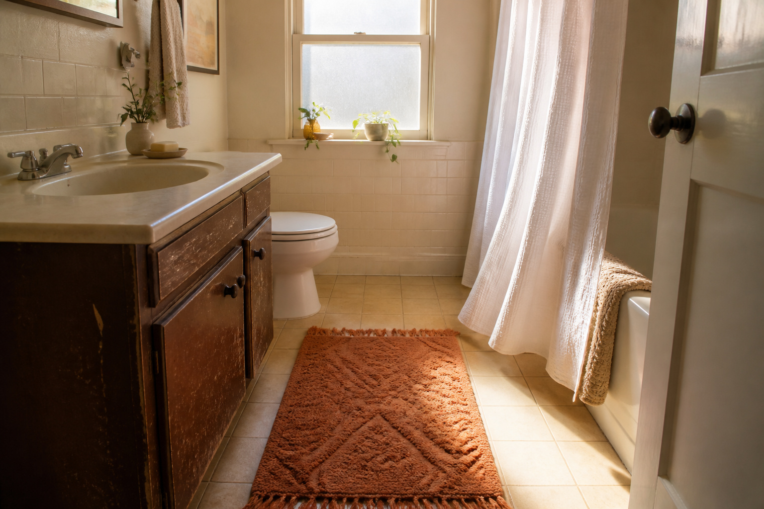 A rental bathroom featuring a cohesive color palette and stylish decor.