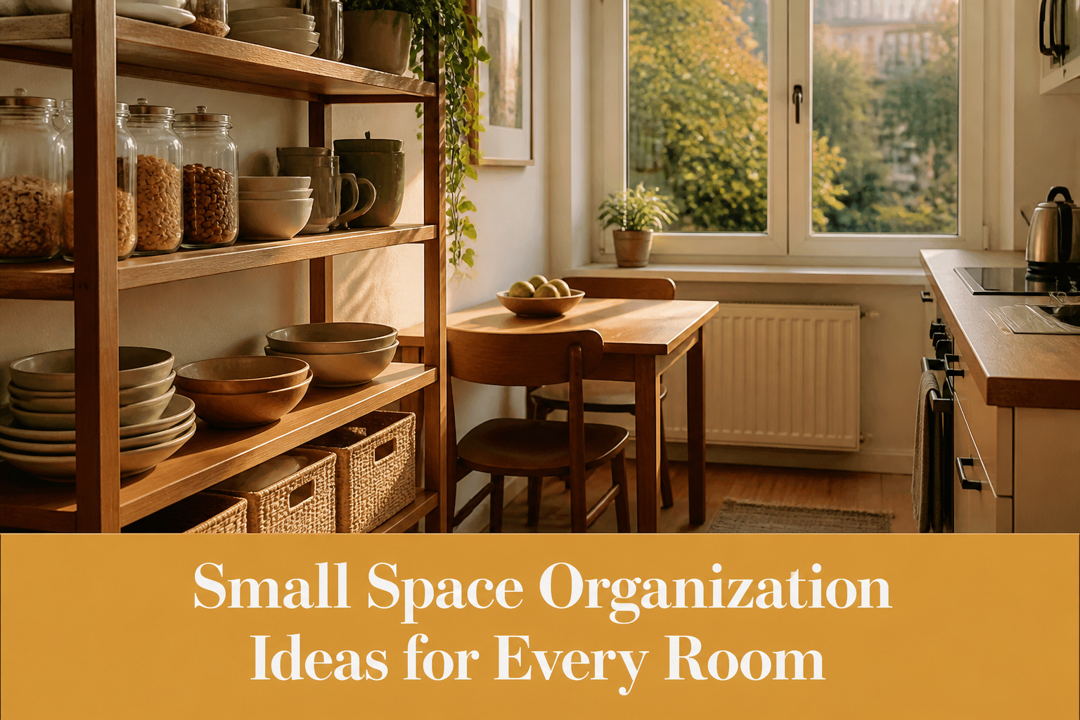 An organized small space featuring various storage solutions and decor.