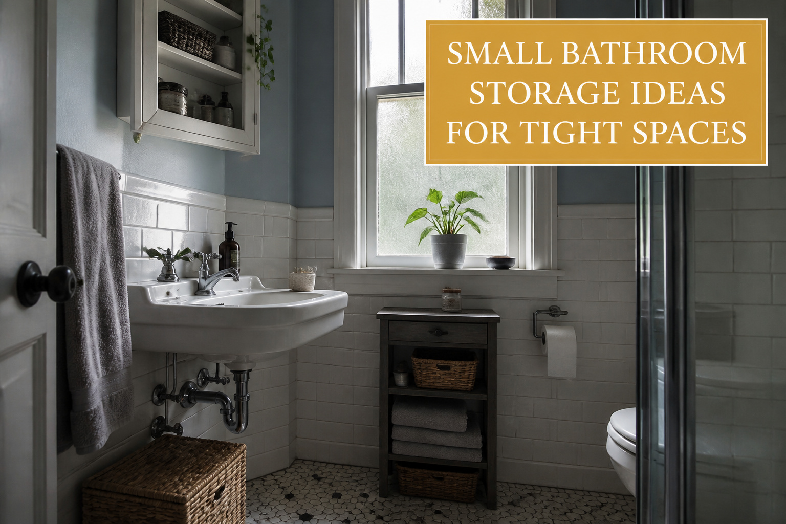 Various small bathroom storage solutions displayed in a compact space.