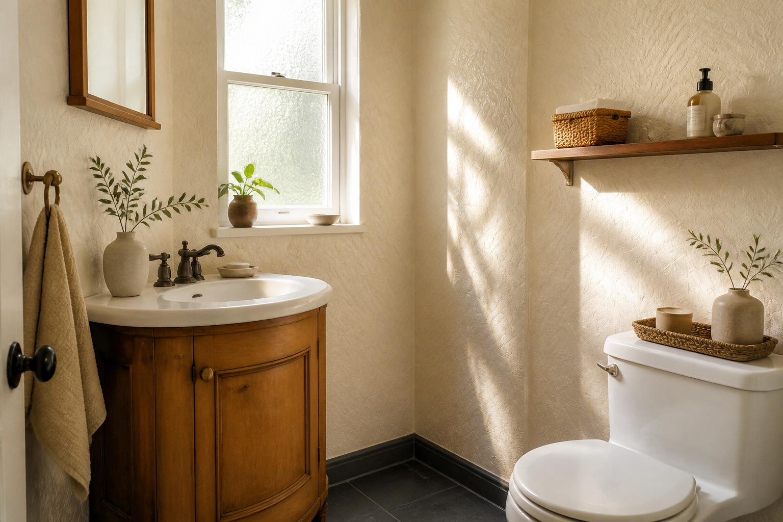 Small toilet room featuring bright colors and smart storage solutions.