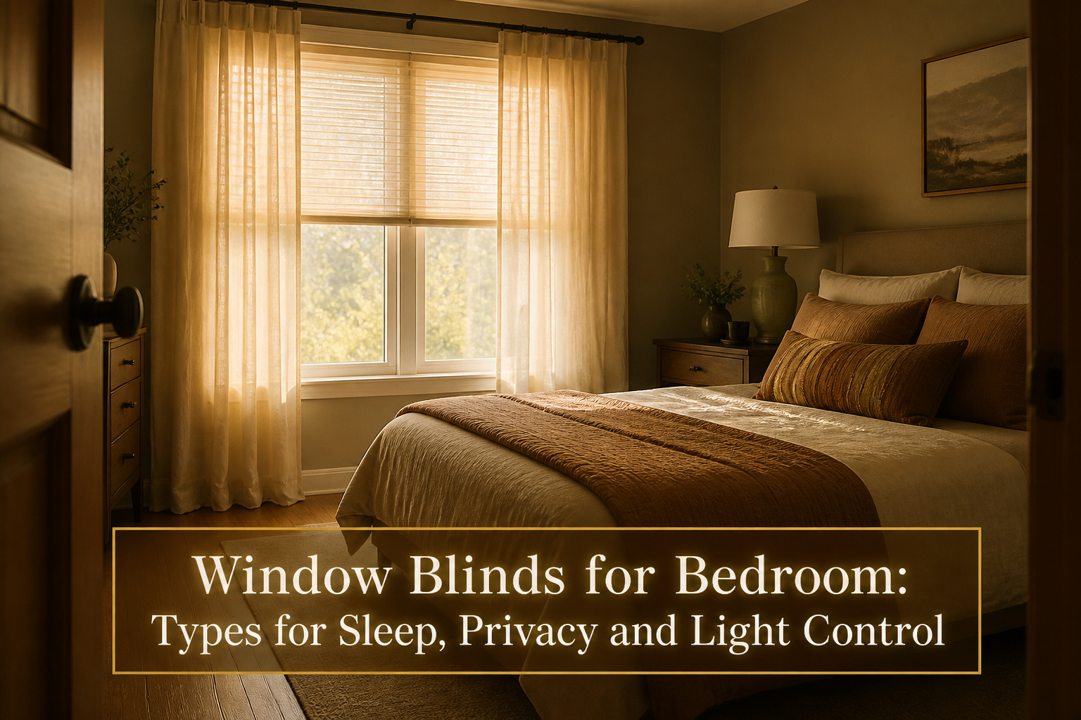 A stylish bedroom showcasing different types of window blinds.