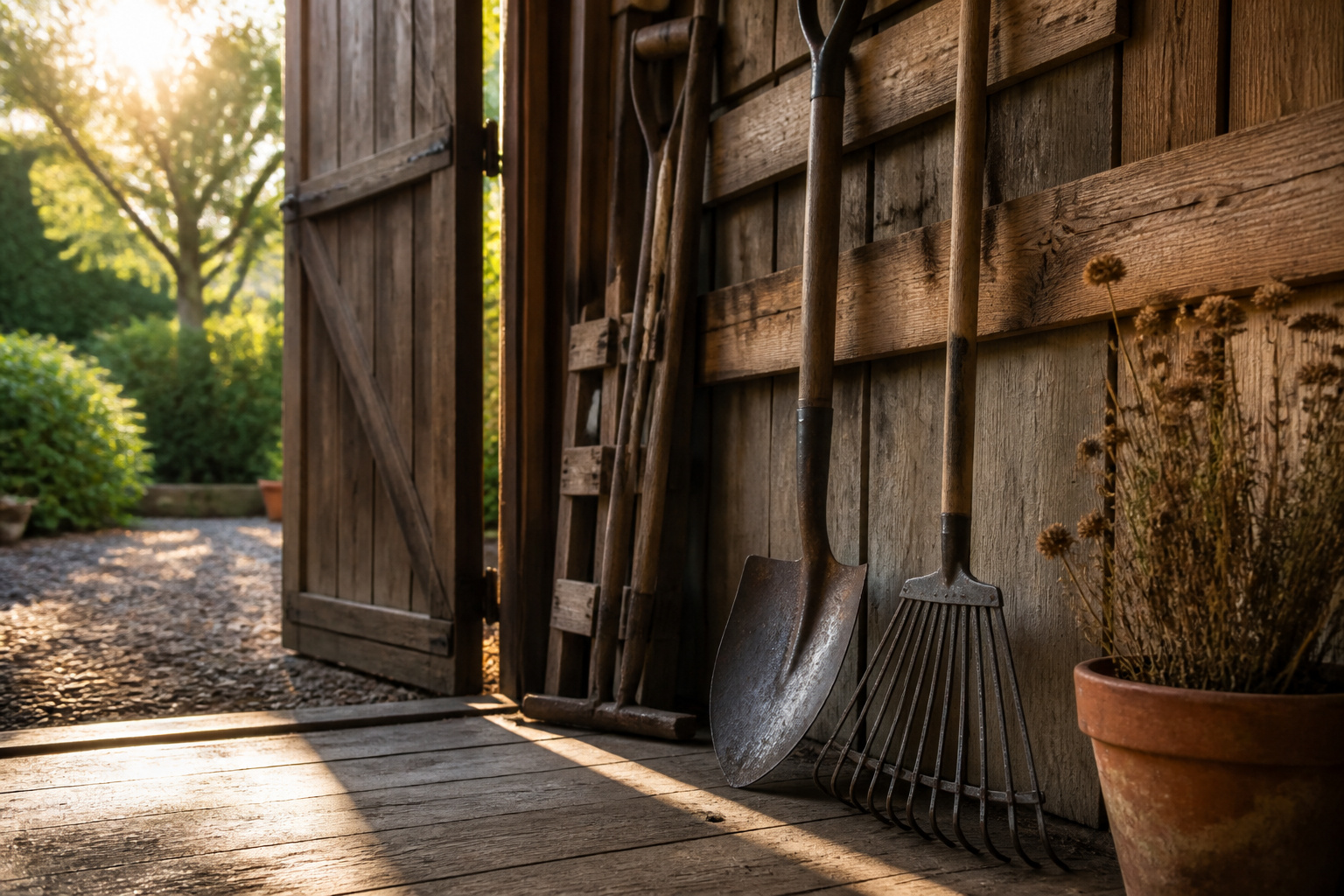 A collection of yard tool storage ideas displayed in a garden setting.