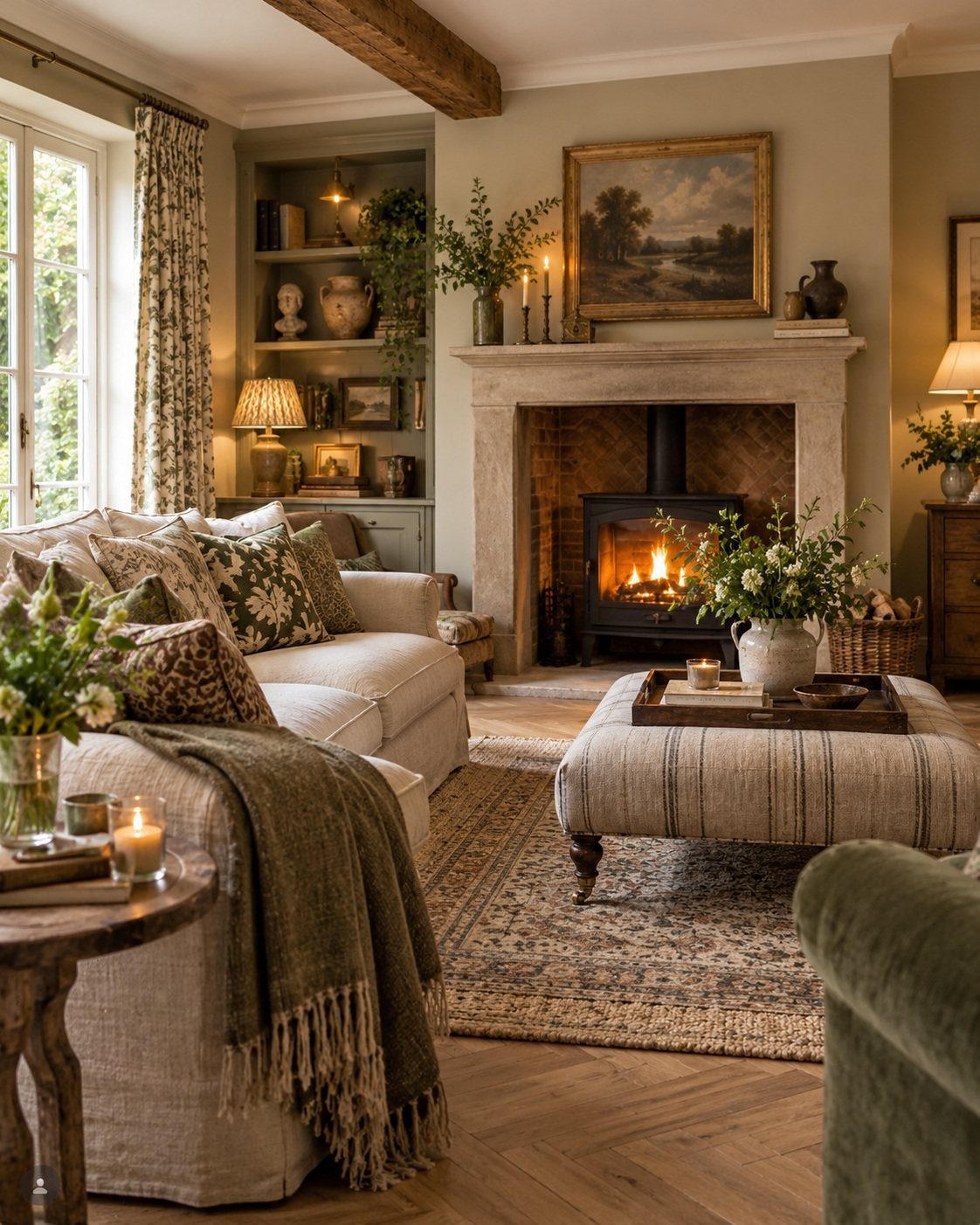 Cozy country living room with a burning fireplace, beige sofas, and rustic decor.