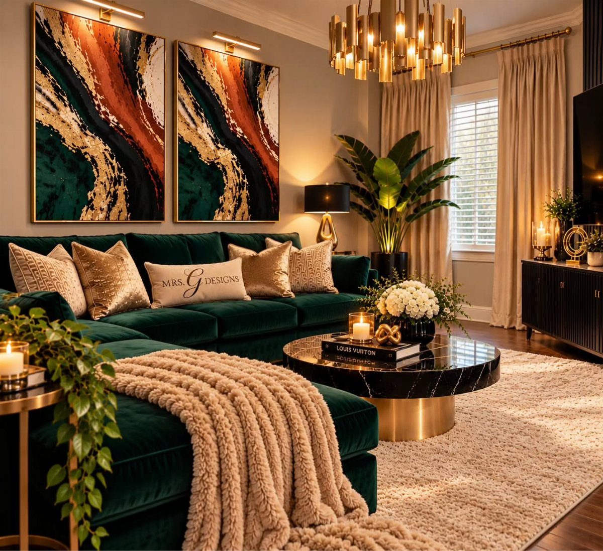 Green velvet sofa and gold accents in a modern, luxurious living room setting