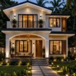 Modern two-story white house with warm lighting and tropical landscaping at dusk