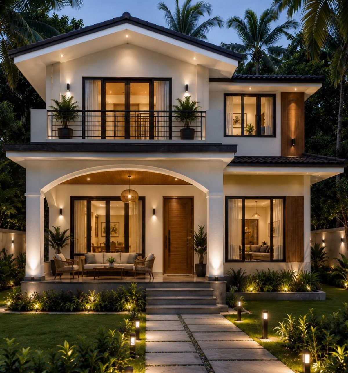 Modern two-story white house with warm lighting and tropical landscaping at dusk