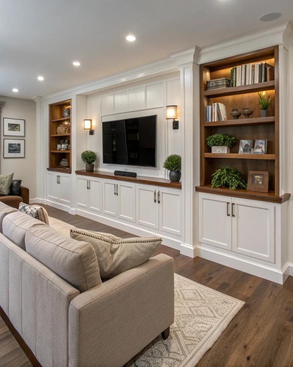 White built-in living room cabinet with wooden shelves, television, and beige sofa.