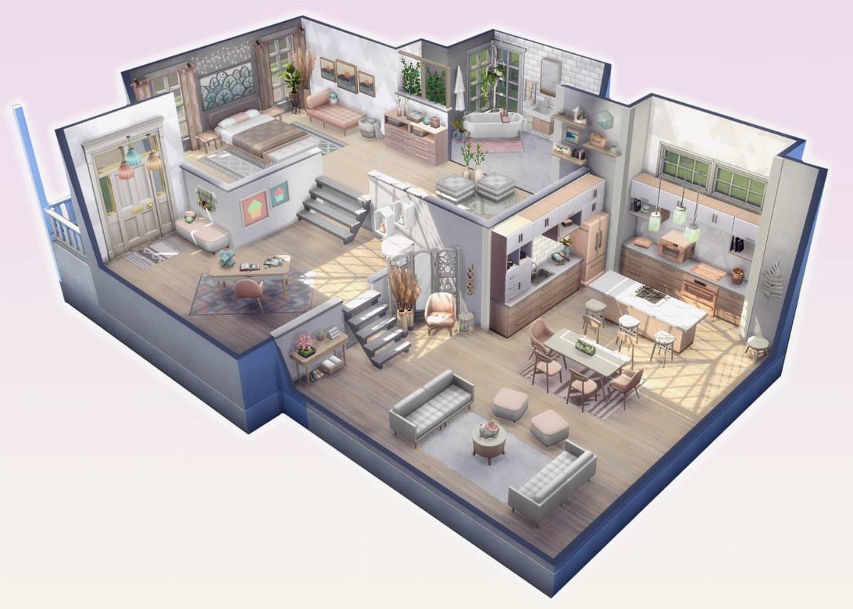 Multi-level modern apartment interior with grey sofas, white kitchen, and lofted bedroom area.