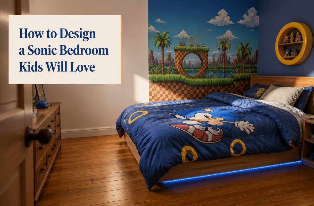 Child’s bedroom with Sonic-themed decor and bright blue, yellow and red accents