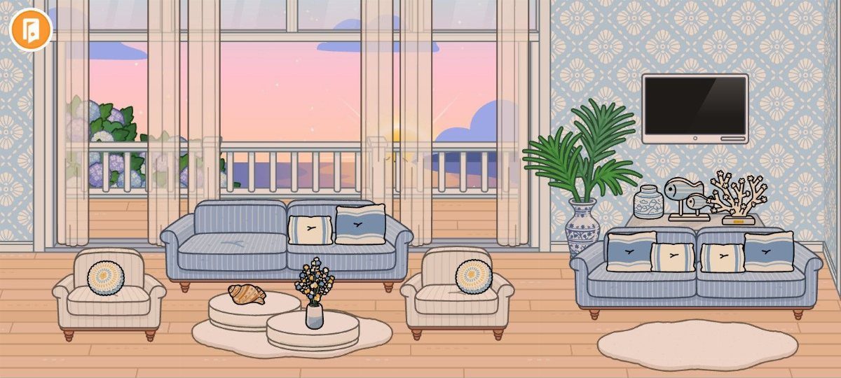 Coastal living room with blue striped sofas, beige armchairs, and a potted palm plant.